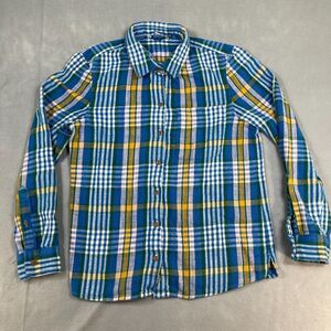 LL Bean Shirt Womens Size Medium Flannel Button Up Plaid Blue Yellow